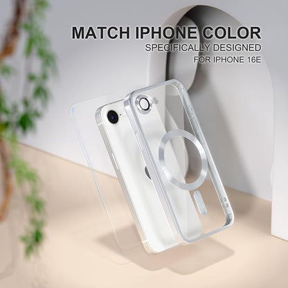 Misea Magnetic for iPhone 17e / 16e Case Compatible with MagSafe [Never Yellowing] [Military Grade Drop Protection] Full Camera Lens Protector Plating Soft Clear Phone Case for Women 6.1 inch, Silver