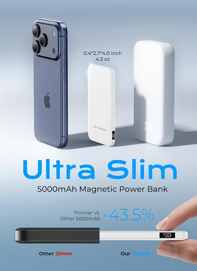 Magnetic Portable Charger, 5000mAh Ultra Slim Power Bank, 15W Fast Charging for Magsafe Battery Pack, Travel Essential Wireless Charger Compatible with iPhone 17/16/15 Series - White