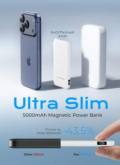 Magnetic Portable Charger, 5000mAh Ultra Slim Power Bank, 15W Fast Charging for Magsafe Battery Pack, Travel Essential Wireless Charger Compatible with iPhone 17/16/15 Series - White