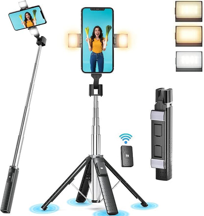 41” Selfie Stick Tripod Quadrapod with 2 Rechargeable Fill Light, Extendable Tripod with Bluetooth Remote, Stainless Steel, 3 Light Modes, 9 Brightness Levels, Compatible for All iPhone & Android