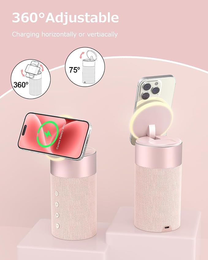 COLSUR Bluetooth Speaker, Magnetic Wireless Charger, Bluetooth Speakers with Night Light, 2 in 1 Wireless Charging Station for iPhone 17/16/15/14/13/12 Series, AirPods Pro 2/4/3/2（Gift Ideal） (Pink)