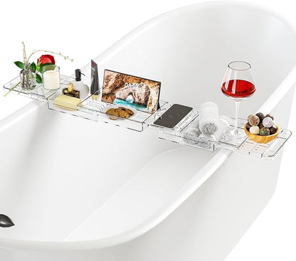 Expandable Acrylic Bathtub Tray for Tub, Bath Caddy Tray Table for Bathtub, Adjustable from 31.5 to 41 inch, Bathtub Rack fits Most Bathtubs and Bathroom Décor, Bath Tub Shelf Accessories for Women