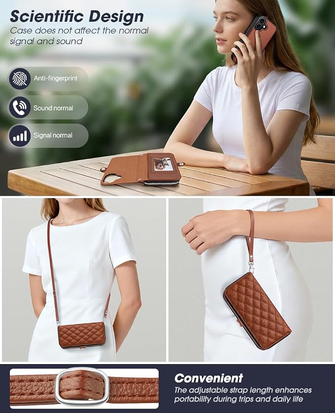 OCASE for iPhone 17 Crossbody Detachable Wallet Case, PU Leather Handbag Phone Purse with Zipper Closure, Card Slots & RFID Blocking, Wrist Strap, Lanyard, Kickstand, Diamond Check Brown
