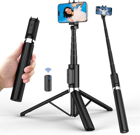 Selfie Stick Tripod for iPhone, Portable Cell Phone Tripod Stand with Wireless Remote, All in One Travel Tripods Selfie Stick, Compact Phone Stand Compatible with iPhone, Android, Samsung Series