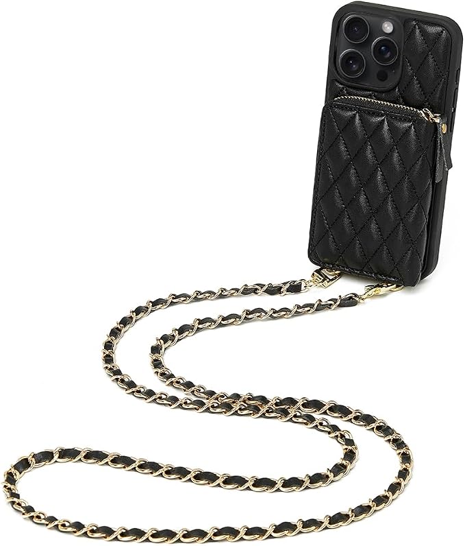 LAMEEKU for iPhone 15 Pro Case Wallet, Crossbody Wallet Purse with Card Holder, Quilted Leather Zipper Wrist Strap RFID Blocking Cover for Women for iPhone 15 Pro 6.1" Black