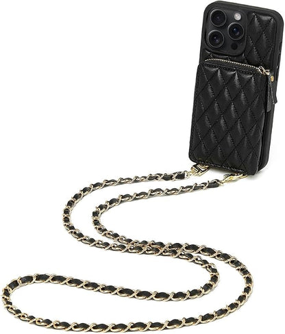 LAMEEKU for iPhone 15 Pro Case Wallet, Crossbody Wallet Purse with Card Holder, Quilted Leather Zipper Wrist Strap RFID Blocking Cover for Women for iPhone 15 Pro 6.1" Black
