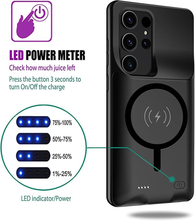 Battery Case for Galaxy S24 Ultra, Powerful 12000mAh Extended Portable Protective Charging Cover Backup Compatible with Galaxy S24 Ultra Wireless Charger Case with 1x Screen Protector & 1x Cable-Black