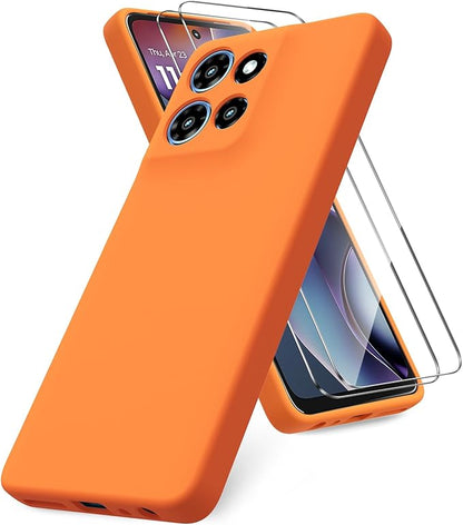 for Motorola Moto G 2025 Case, 2 Pack Tempered Glass Screen Protectors, Soft TPU Liquid Silicone Shockproof Gel Case-Orange