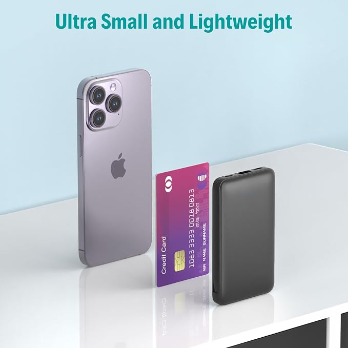 Sethruki Smallest Portable Charger with Built-in Cables 5000mAh,Ultra Slim Power Bank,Mini High Speed External Battery Packs,Lightweight USB C Phone Charger for iPhone Samsung Google Android (Black)