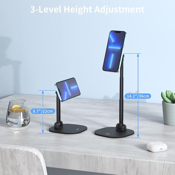 VRIG Magnetic Desk Phone Stand for Office/Home, 360°Rotation Phone Holder with Magnetic Ring Height&Tilt, Adjustable Cell Phone Stand for iPhone 16 15 14 13 12 and More/Android
