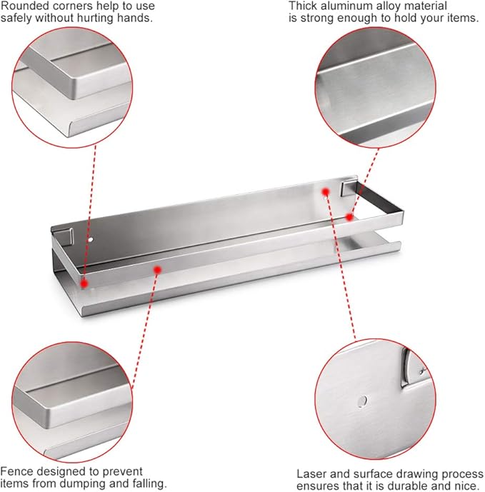 OwnMy Bathroom Shower Shelf Stainless Steel Bath Kitchen Basket Shower Caddy Rack, Rustproof Metal Bathroom Storage Floating Shelves Wall Mounted Shower Corner Rectangular Shelf - 16 Inch Silver