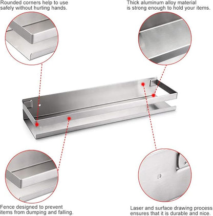 OwnMy Bathroom Shower Shelf Stainless Steel Bath Kitchen Basket Shower Caddy Rack, Rustproof Metal Bathroom Storage Floating Shelves Wall Mounted Shower Corner Rectangular Shelf - 16 Inch Silver