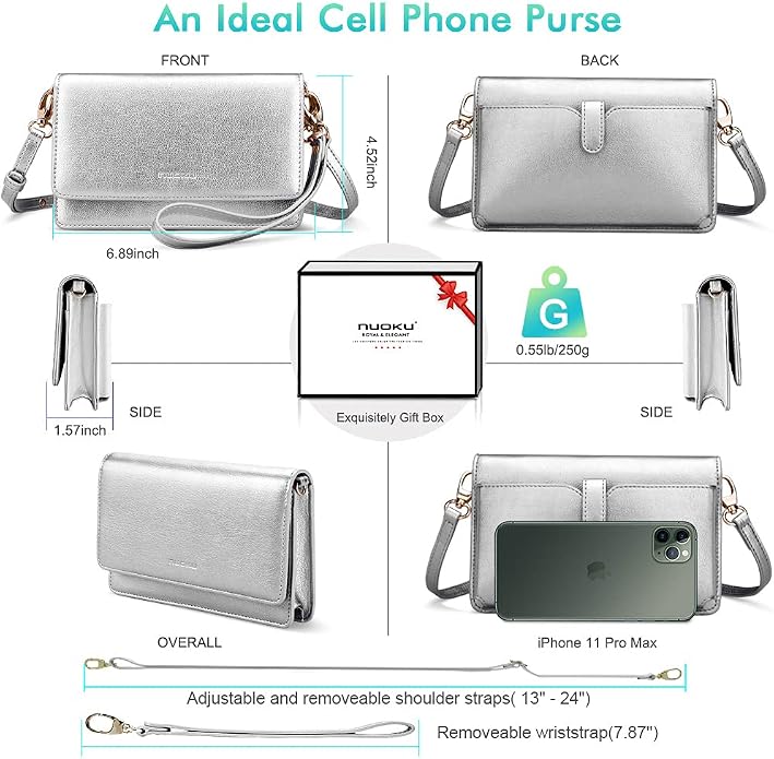 nuoku Women Small Crossbody Bag Cellphone Purse Wallet with RFID Card Slots 2 Straps Wristlet