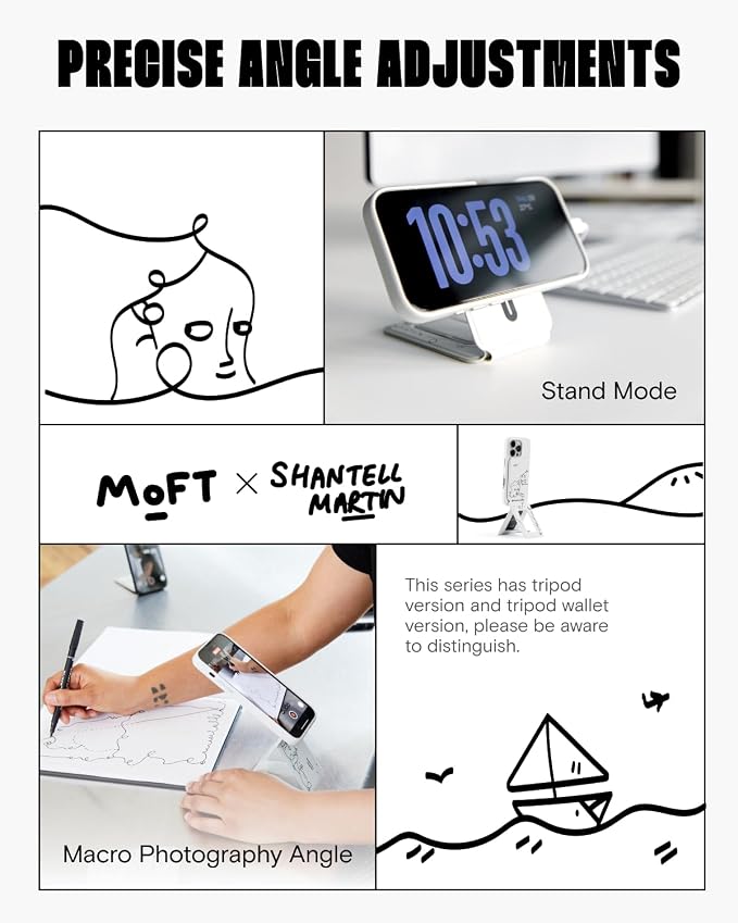 MOFT Phone Tripod Wallet x Shantell Martin for iPhone, Mulit-Angles, Lightweight & Portable Phone Stand, MOVAS Vegan Leather Phone Wallet, Strong Magnets, NFC Card Holder, Misty Cove (with Card Slot)