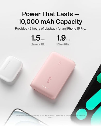 Belkin Portable Charger Power Bank USB C, 10000 mAh w/Integrated Cable, 20W Fast Charge USB-C Power Delivery, iPhone Charger, Apple iPhone 17, Air, Pro, Pro Max, iPad, Samsung Galaxy S25 - Pink