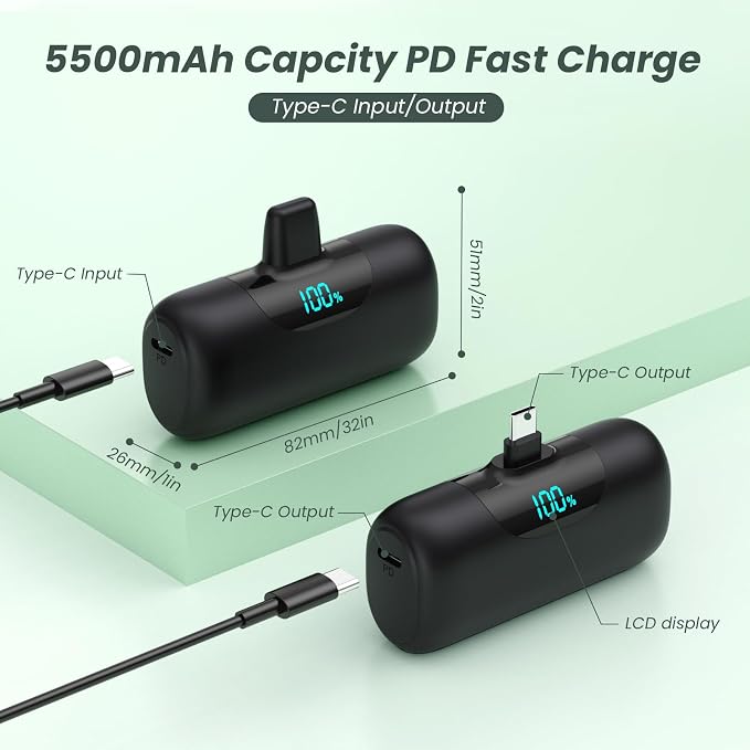 [2 Packs] 5500mAh Portable Charger for iPhone 17/16, LCD Display USB C Mini Power Bank, Fast Charging Travel Lipstick Sized Battery Pack for iPhone 17/16/15 Pro Max, Galaxy S25/S24, Pixel(Inky+Inky)