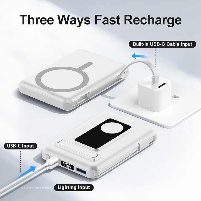 Magnetic Portable Charger, 10000mAh Wireless Power Bank for iPhone with Built-in Cables, 20W Fast Charging for Magsafe Battery Pack with Stand for iPhone Air/17/16/15/14/13/12 and Apple Watch
