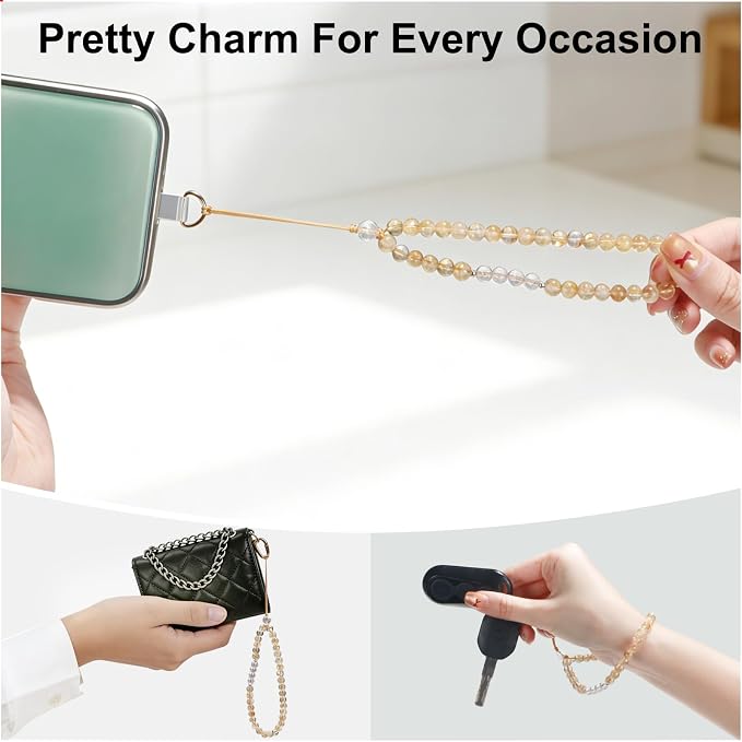 TEAMOLA Natural Stone Phone Charm, Handmade Crystal Cellphone Chain for Universal, Beaded Healing Anti Theft Phone Wrist Strap with Tether Tab, Citrine & Clear Quartz
