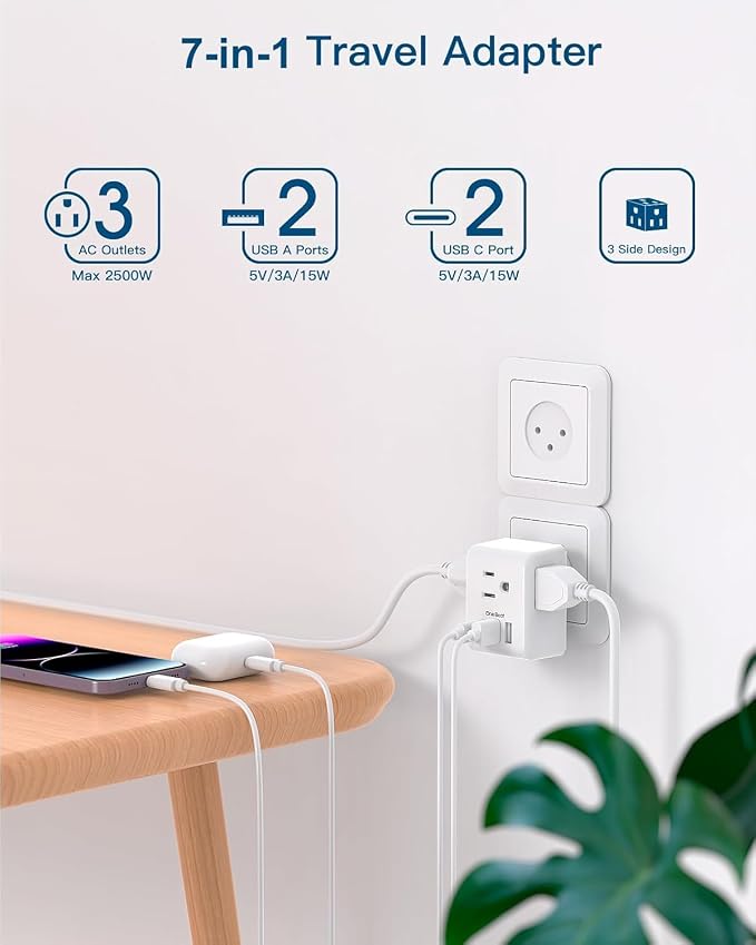 2 Pack Israel Power Adapter, One Beat 7-in-1 Israel Travel Plug Adapter | with 3 American Outlets 4 USB Ports(2 USB C), Type H Travel Adapter Plug Converter for US to Israel, Jerusalem, Palestine