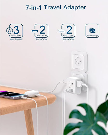 2 Pack Israel Power Adapter, One Beat 7-in-1 Israel Travel Plug Adapter | with 3 American Outlets 4 USB Ports(2 USB C), Type H Travel Adapter Plug Converter for US to Israel, Jerusalem, Palestine