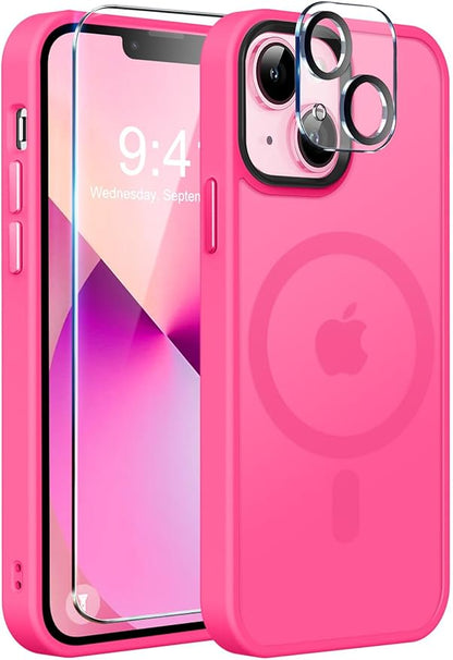 MOCCA Strong Magnetic for iPhone 13 Case, [Compatible with Magsafe][Screen Protector+Camera Lens Protector] Translucent Matte Back Slim Shockproof Case for iPhone 13 Phone Case 6.1", Hot Pink