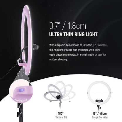 NEEWER Professional Ring Light with Stand and Phone Holder, 18 inch Ultra Thin, 45W 2900K-7000K TLCI98, Remote Shutter & App Control, Softer Lighting for Makeup Live Stream TikTok, RP18B Pro Pink