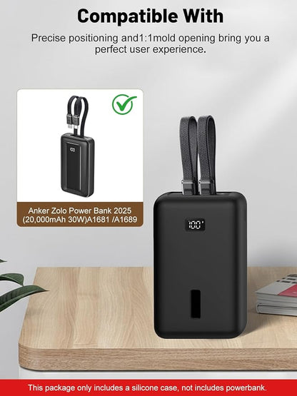 for Anker Zolo Power Bank 2025 20,000mAh 30W A1681/A1689,Silicone Protective Case, Shockproof Cover with LCD Display Visible, Anti-Lost Strap, Precision Cutouts for All-Port Charger (Black)