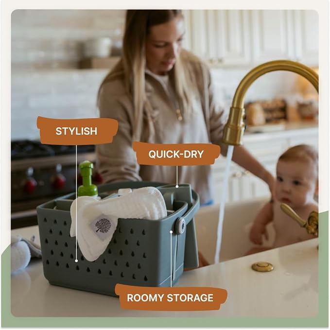 Parker Baby Bath Caddy | BPA Free & Food Grade Shower Caddy Organizer for Toys & Supplies | Quick-Dry, Sturdy & Perfect Size Shower Basket w/Handle in Neutral Colors