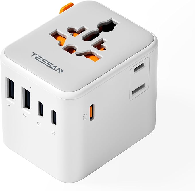 TESSAN Universal Travel Adapter 65W GaN, International Power Adapter | Extra 2 Prong AC Outlet, 5 USB Ports (3 USB C), Worldwide Plug Adaptor, US to Europe UK Australia Ireland, Type C G A I