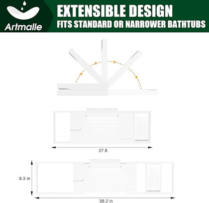Artmalle Foldable Bathtub Caddy Tray for Tub, Bamboo Bathtub Tray Table with Book Holder for Home Spa Relax, Bathroom Accessories for Women Men with Free Soap Dish (Semi-Simple, White)