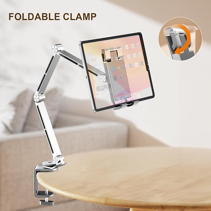 Tablet Stand Holder for Desk Aluminum Alloy Ipad Desk Mount Monitor with 360°Rotate Base, Adjustable&Foldable Tablet Arm for 4.7"-15.6" Screen Phone,Kindle,Fire HD,Monitor (Sliver)