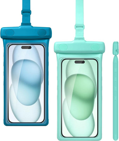 wellhouse Waterproof Phone Pouch, Waterproof Phone Case for iPhone 17 16 15 14 13 Pro Max XS Samsung, IPX8 3D Cellphone Dry Bag Beach Essentials (2 Pack -Earl Blue & Green 7.0", 7 inch)