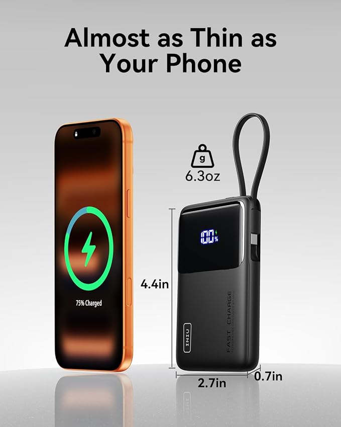 INIU 10000mAh Power Bank, Small 45W PD Fast Charging Portable Charger with Built-in USB C Cable, Flight-Safe Travel External Phone Battery Pack for iPhone 17 Pro Max Samsung S26 iPad etc, Black