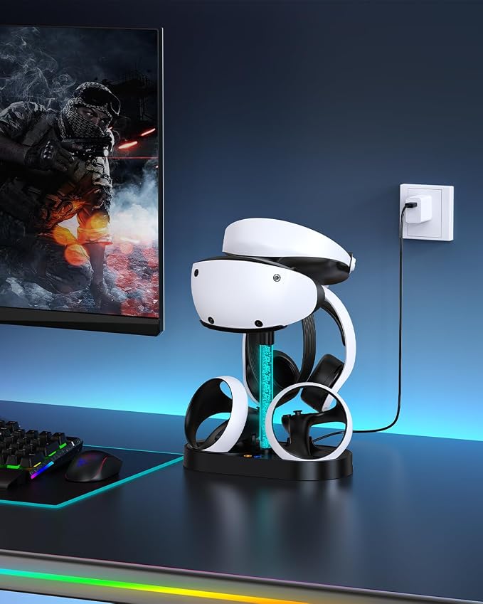 FASTSNAIL Charging Stand for PlayStation VR2, Multifunction Vertical PS VR2 Headset & Sense Controllers Charge Dock Station with 10 RGB Light Modes of Memory for PS5 VR2 Accessories