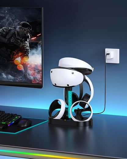 FASTSNAIL Charging Stand for PlayStation VR2, Multifunction Vertical PS VR2 Headset & Sense Controllers Charge Dock Station with 10 RGB Light Modes of Memory for PS5 VR2 Accessories