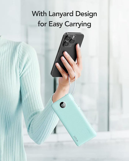 VRURC Power Bank with Built-in Cables,USB C Portable Charger for iPhone | 10000mAh Slim Charging Bank with Lanyard, Perfect for Travel, Work, School and Daily Carry-Green