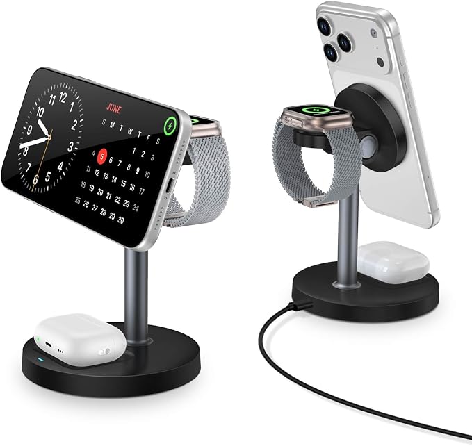 3 in 1 Magnetic Wireless Charging Station, 15W Fast Charger Stand for iPhone, Phone Charger Stand for Desk Nightstand, for iPhone 17/16/15/14/13/12, Apple Watch & AirPods, 18W Adapter Included -Black