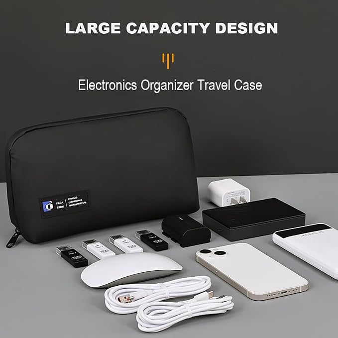 Tech Pouch,Travel Cord Rrganizer Case,Waterproofing Data Cable Storage Bag，9inches*5inches,For Charger, Cables, USB Drive,Phone,Power Bank,Memory Card(Black)
