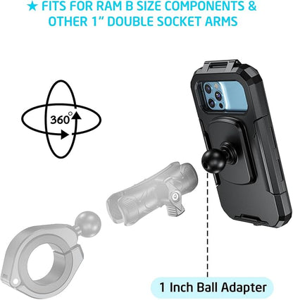 iMESTOU Waterproof Motorcycle Phone Mount IP66 with 1" Ball Head 360° Rotation Fits for RAM B Size Accessories, Suitable for 5.5"-6.8" Smartphones with Max. Thickness 0.43"(Size L)