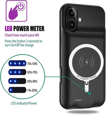 Wireless Charging Case for iPhone 16 Plus, 12000mAh High Capacity Portable Rechargeable Battery Case Qi Wireless Charging Compatible with iPhone 16 Plus (6.7 inch) Extended Battery Charger Case-Black