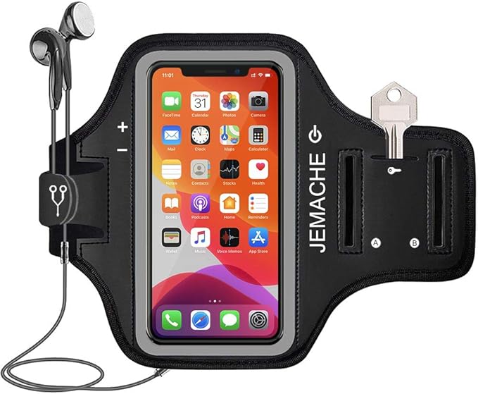 iPhone 17 16 Pro Armband, JEMACHE Gym Workouts Running Arm Band for iPhone 17/16/15/14/13/12 Pro (Black)