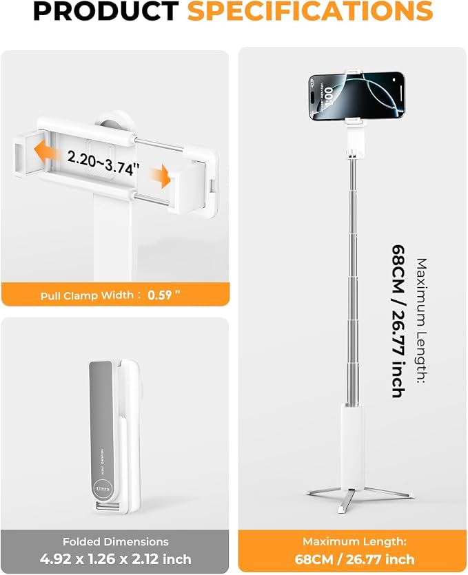 Selfie Stick for iPhone, Selfie Stick Tripod with Wireless Remote, Foldable & Portable Phone Tripod Stand for iPhone Android, Pocket-Size for Travel, Vlog, Video Recording