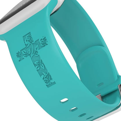 Faith with Cross Watch Band Compatible with Apple Watch Laser Engraved Band Silicone 38mm 40mm 41mm 42mm 44mm 45mm 46mm 49mm Strap Jesus Psalm Christian God Blessed (Lake Blue, 42/44/45/46/49mm S/M)