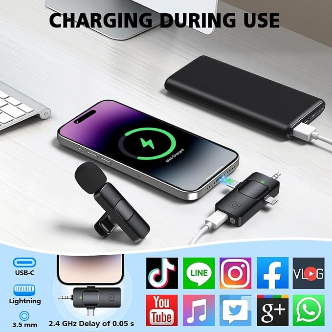 Mini Microphone,3 in 1 Wireless Lavalier Microphones for iPhone/iPad/Android/Camera(Lightning/USB/3.5 mm Jack),2 Pack Bluetooth Microphone with on Mute/Noise for Video Recording Vlog,Youtube,Tiktok