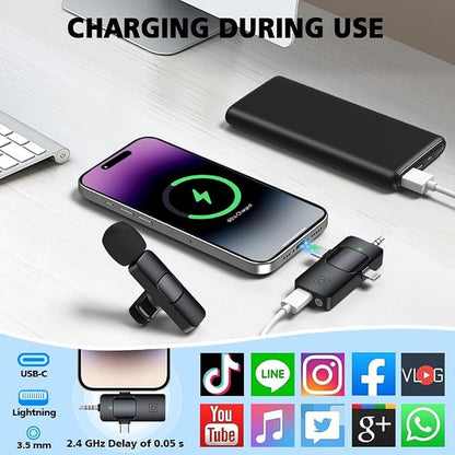 Mini Microphone,3 in 1 Wireless Lavalier Microphones for iPhone/iPad/Android/Camera(Lightning/USB/3.5 mm Jack),2 Pack Bluetooth Microphone with on Mute/Noise for Video Recording Vlog,Youtube,Tiktok
