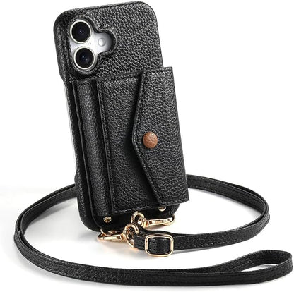 Crossbody Case for iPhone 17/17 Pro/17 Air/17 Pro Max, Stylish Wallet Leather Cover with Card Holder and Makeup Mirror Phone Case,17pro,Black
