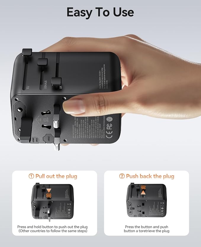 ORICO Universal Travel Adapter 100W GaN International Power Adapter | 7 in 1 (2 AC, 3 USB-C, 2 USB-A) European Travel Plug Adapter, Built-in Retractable USB-C Cable for Eu UK AU 200+ Countries