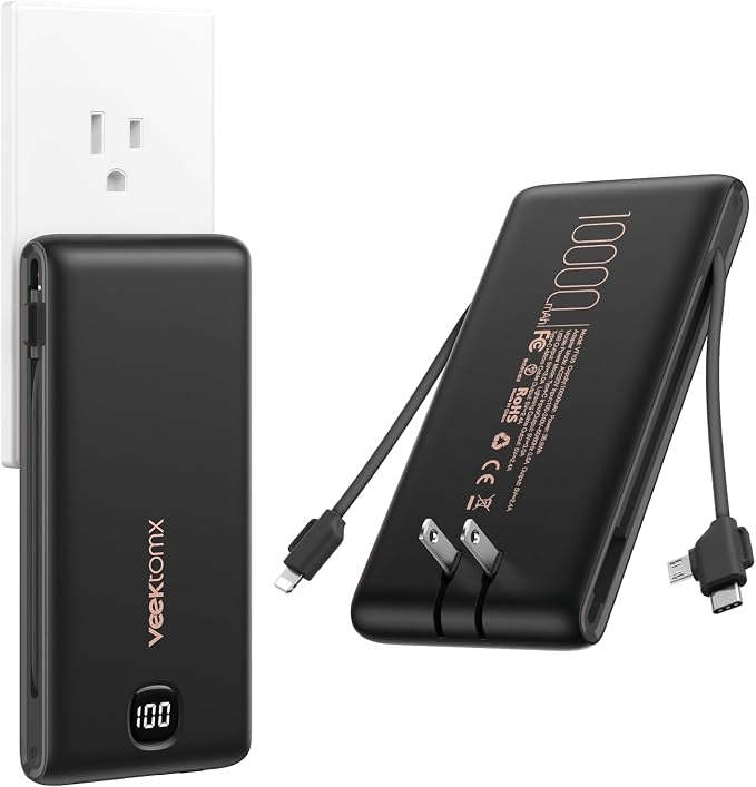 VEEKTOMX Portable Charger with Built in Cables 10000mAh, Power Bank for iPhone with AC Wall Plug, Fast Charging USB C Slim Battery Pack with LED Display Compatible with iPhone 17/16/15, Samsung