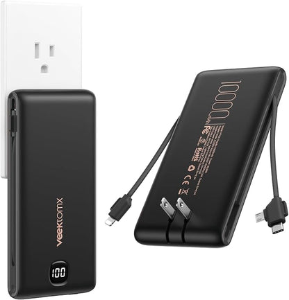 VEEKTOMX Portable Charger with Built in Cables 10000mAh, Power Bank for iPhone with AC Wall Plug, Fast Charging USB C Slim Battery Pack with LED Display Compatible with iPhone 17/16/15, Samsung