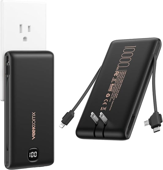 VEEKTOMX Portable Charger with Built in Cables 10000mAh, Power Bank for iPhone with AC Wall Plug, Fast Charging USB C Slim Battery Pack with LED Display Compatible with iPhone 17/16/15, Samsung